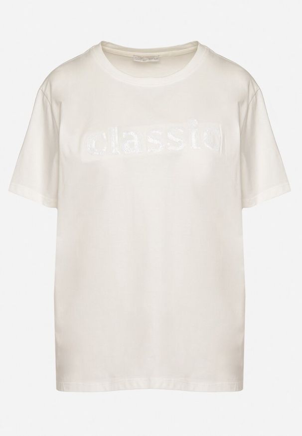 Born2be - Biały T-shirt z Bawełny z Aplikacją z Cyrkoniami Deraine. Okazja: na co dzień. Kolor: biały. Materiał: bawełna. Wzór: aplikacja. Styl: klasyczny, elegancki, casual