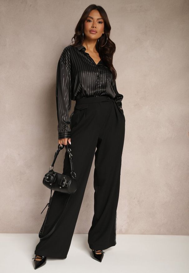 Renee - Czarne Spodnie z Wiskozą o Szerokim Kroju z Imitacją Kieszeni Zinnithria. Okazja: na co dzień. Kolor: czarny. Materiał: wiskoza. Styl: elegancki, casual