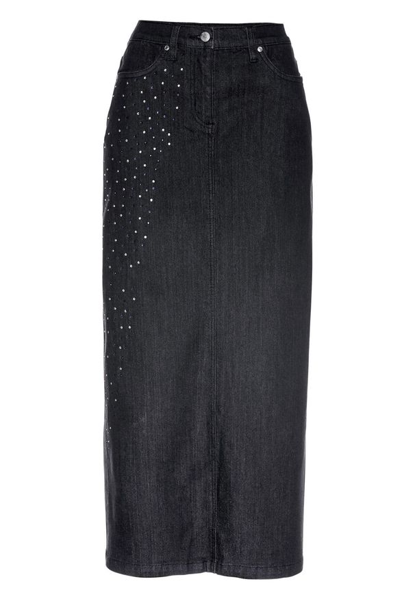 Długa spódnica dżinsowa ze sztrasami bonprix czarny denim. Kolor: czarny. Materiał: denim. Długość: długie