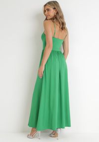 Born2be - Zielona Sukienka Maxi na Ramiączkach z Rozcięciem na Dole i Kwadratowym Dekoltem Jacklyn. Typ kołnierza: dekolt kwadratowy. Kolor: zielony. Długość rękawa: na ramiączkach. Sezon: wiosna, lato. Długość: maxi #4