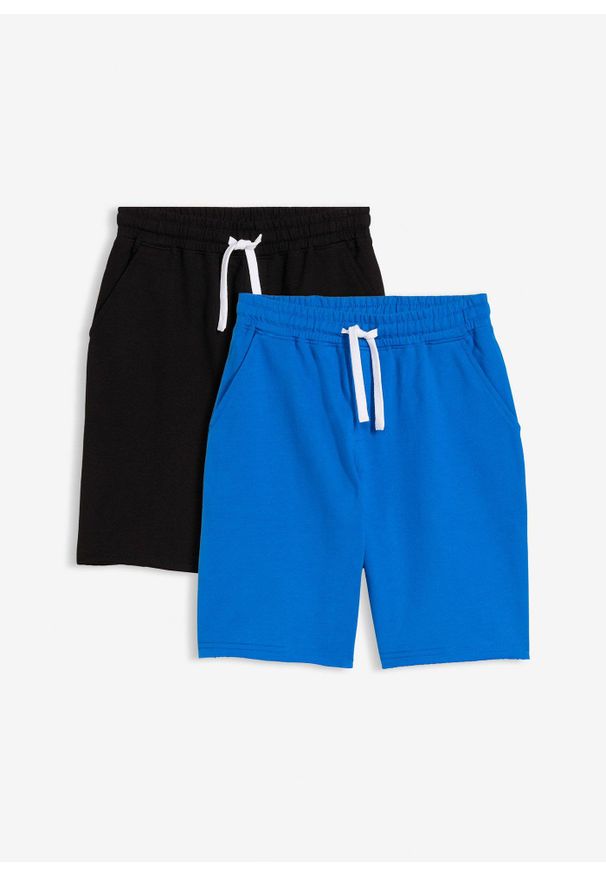 bonprix - Bermudy dresowe z miękkiej mieszanki bawełny (2 pary). Kolor: niebieski. Materiał: bawełna, dresówka. Wzór: gładki. Styl: sportowy
