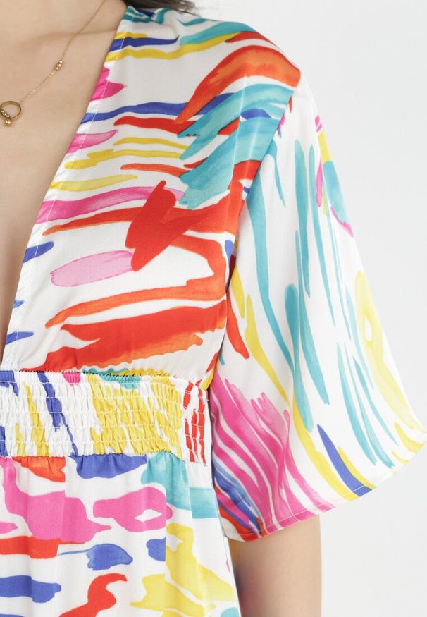 Born2be - Czerwono-Biała Sukienka z Rozcięciem i Fantazyjnym Nadrukiem Nomist. Kolor: czerwony. Wzór: nadruk. Długość: maxi