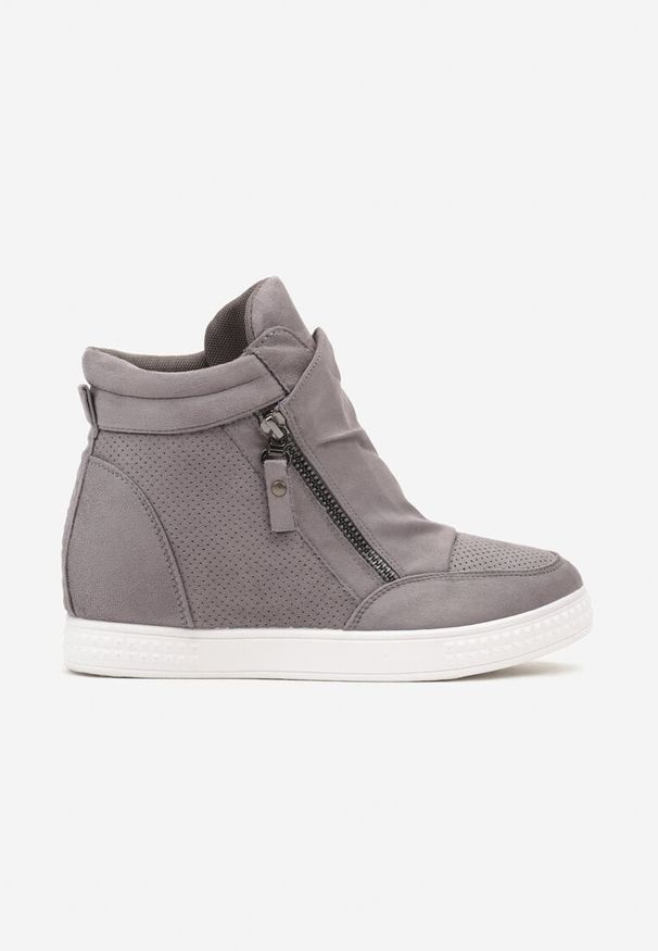 Born2be - Szare Sneakersy na Ukrytym Koturnie z Ozdobnym Suwakiem Lilannia. Okazja: na co dzień. Nosek buta: okrągły. Kolor: szary. Materiał: jeans. Obcas: na koturnie