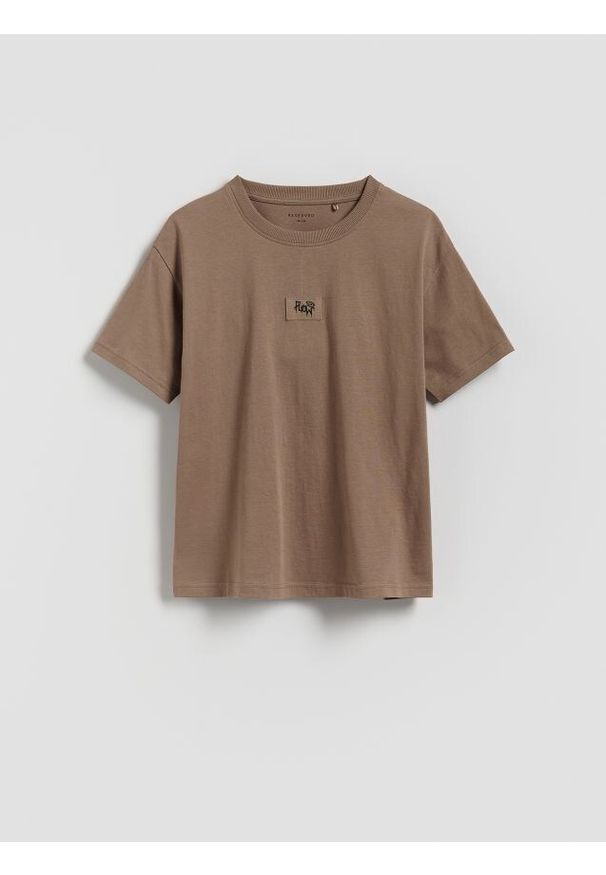 Reserved - Bawełniany t-shirt oversize - beżowy. Kolor: beżowy. Materiał: bawełna