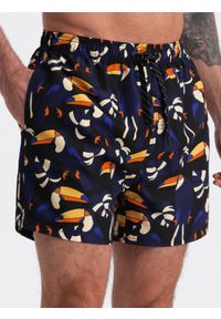 Ombre Clothing - Szorty męskie kąpielówki w tukany - czarno-granatowe V1 OM-SRBS-0140 - XXL. Okazja: na plażę. Kolor: niebieski. Materiał: materiał, poliester #1