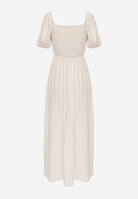 Renee - Beżowa Sukienka Wieczorowa z Hiszpańskim Dekoltem i Rozcięciem Vikiya. Kolor: beżowy. Materiał: materiał. Wzór: aplikacja. Styl: wizytowy #6