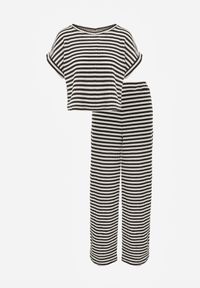 Renee - Beżowo-Czarny Komplet z Dzianiny w Paski z Bawełną Bluzka z Krótkim Rękawem i Spodnie Akiseithe. Kolor: beżowy. Materiał: bawełna, dzianina. Wzór: paski #6