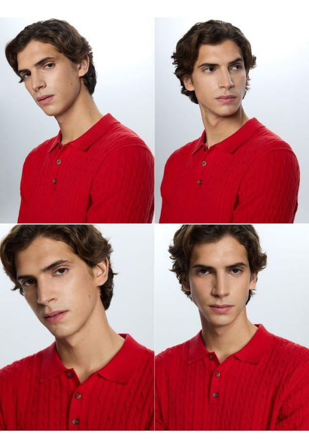 Reserved - Strukturalny sweter polo - czerwony. Typ kołnierza: polo. Kolor: czerwony. Materiał: dzianina, bawełna