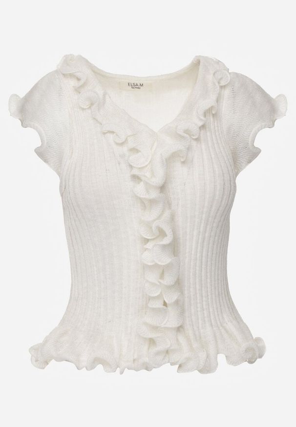 Renee - Biała Bluzka z Wiskozą w Prążki z Falbanami Eunione. Kolor: biały. Materiał: wiskoza. Wzór: prążki