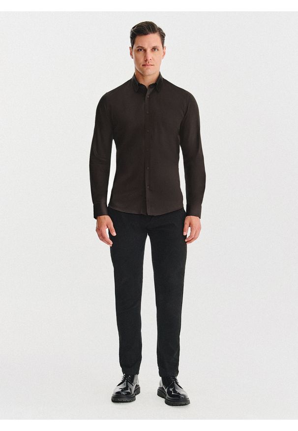 Pako Lorente - PAKO LORENTE – Brązowa koszula męska. Kolor: brązowy. Materiał: bawełna, elastan. Długość rękawa: długi rękaw. Długość: długie