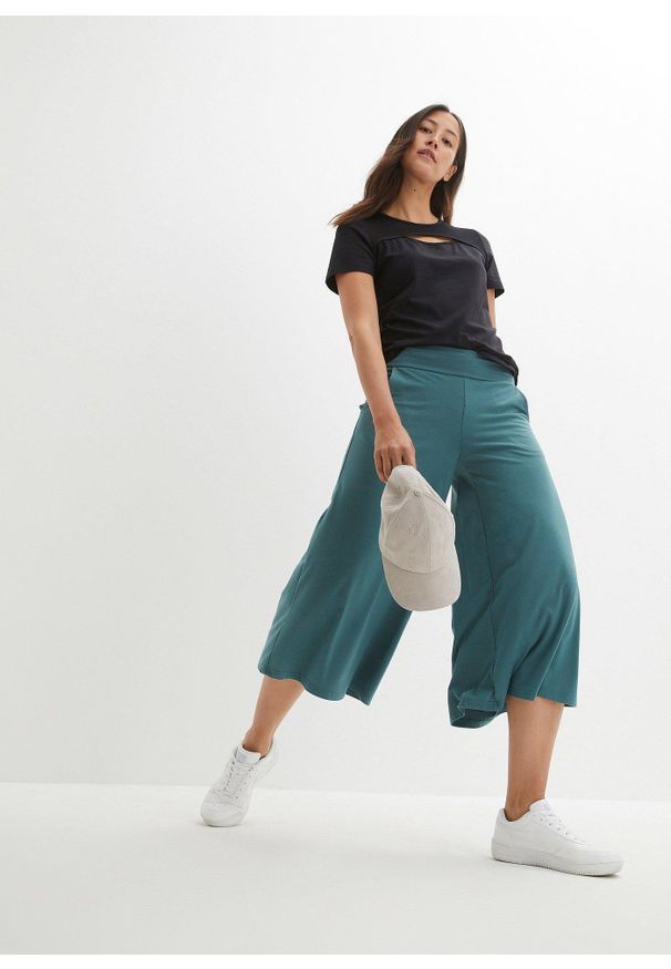 bonprix - Wygodne spodnie culotte z szeroką nogawką. Kolor: zielony. Materiał: materiał. Styl: klasyczny, sportowy