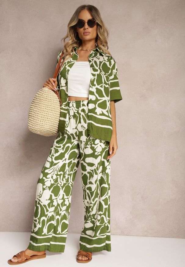 Renee - Zielono-Beżowy Letni Komplet Luźna Koszula z Krótkim Rękawem Szerokie Spodnie z Gumką w Talii Vikiimina. Kolor: zielony. Materiał: wiskoza, materiał