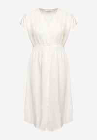 Born2be - Biała Lniana Sukienka o Rozkloszowanym Kroju z Gumką w Talii Ageronna. Okazja: na co dzień. Typ kołnierza: dekolt w kształcie V. Kolor: biały. Materiał: len. Długość rękawa: krótki rękaw. Sezon: lato. Typ sukienki: rozkloszowane. Styl: klasyczny, casual, elegancki #6