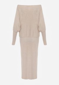 Renee - Beżowa Nietoperzowa Sukienka z Dzianiny z Wiskozą z Dekoltem w Łódkę Yuzoma. Typ kołnierza: dekolt w łódkę. Kolor: beżowy. Materiał: dzianina, wiskoza. Typ sukienki: oversize #6