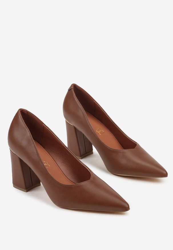 Renee - Brązowe Czółenka Vices na Geometrycznym Słupku ze Skórzaną Wkładką Modvire. Okazja: na co dzień. Kolor: brązowy. Materiał: skóra. Wzór: geometria. Obcas: na słupku. Styl: casual