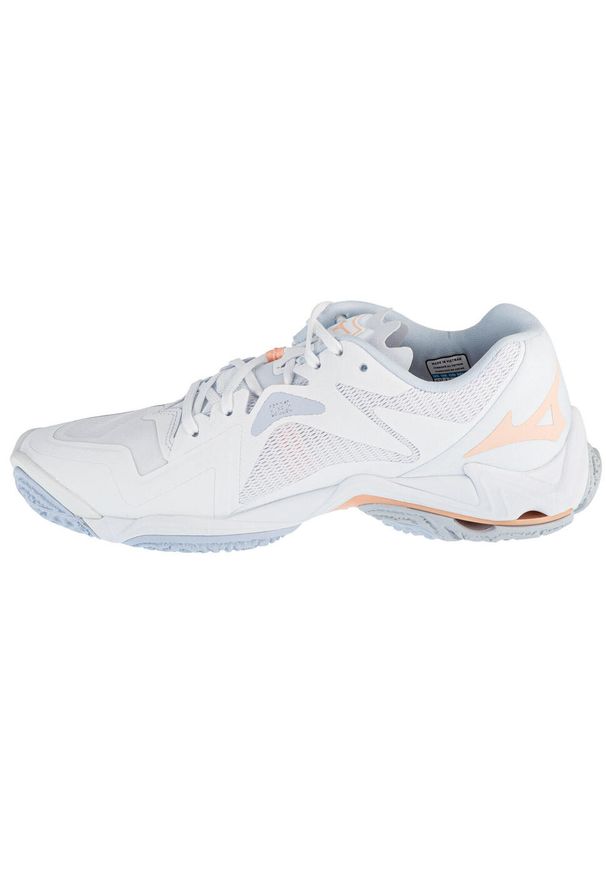 Buty siatkarskie damskie Mizuno Wave Lightning Z8. Zapięcie: sznurówki. Kolor: biały, wielokolorowy, różowy. Materiał: materiał, syntetyk, tkanina. Szerokość cholewki: normalna. Model: Mizuno Wave