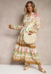 Renee - Beżowa Sukienka z Wiskozy Rozkloszowana w Print Boho Aedia. Okazja: na co dzień. Typ kołnierza: dekolt w serek. Kolor: beżowy. Materiał: wiskoza. Wzór: nadruk. Styl: boho #3