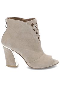 DAMISS - Beżowe Botki Damiss Eleganckie Skórzane Buty Damskie. Nosek buta: otwarty. Zapięcie: zamek. Kolor: beżowy. Szerokość cholewki: normalna. Wzór: geometria. Materiał: skóra. Obcas: na obcasie. Styl: elegancki. Wysokość obcasa: średni #4