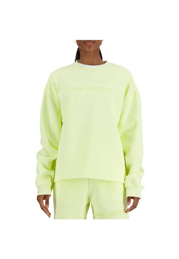 Bluza New Balance WT41556LLT - zielona. Okazja: na co dzień. Kolor: zielony. Materiał: dresówka, bawełna, prążkowany, poliester. Styl: klasyczny, casual