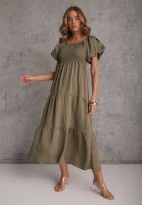 Renee - Ciemnozielona Sukienka z Wiskozy o Rozkloszowanym Kroju z Bufiastymi Rękawkami Rosena. Kolor: zielony. Materiał: wiskoza. Długość rękawa: krótki rękaw. Sezon: lato. Typ sukienki: rozkloszowane. Długość: maxi #7