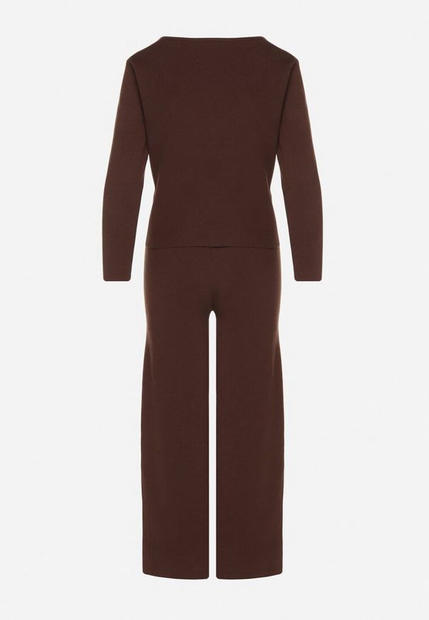 Born2be - Brązowy Dzianinowy Komplet z Wiskozą w Eleganckim Stylu Kardigan i Spodnie Delisana. Kolor: brązowy. Materiał: dzianina, wiskoza