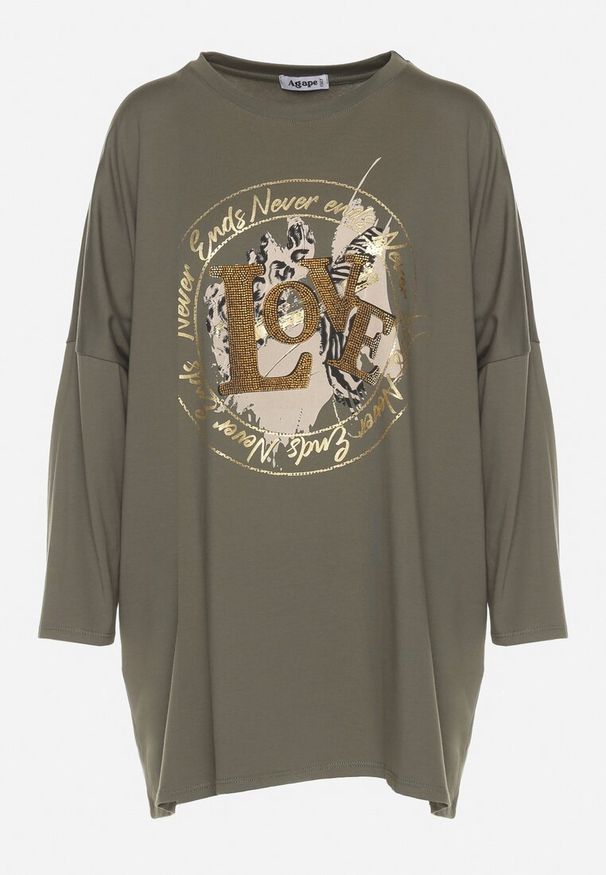 Born2be - Zielona Bluzka Bawełniana Oversize z Nadrukiem i Cyrkoniami Reriola. Okazja: na co dzień. Kolor: zielony. Materiał: bawełna. Wzór: nadruk. Styl: casual