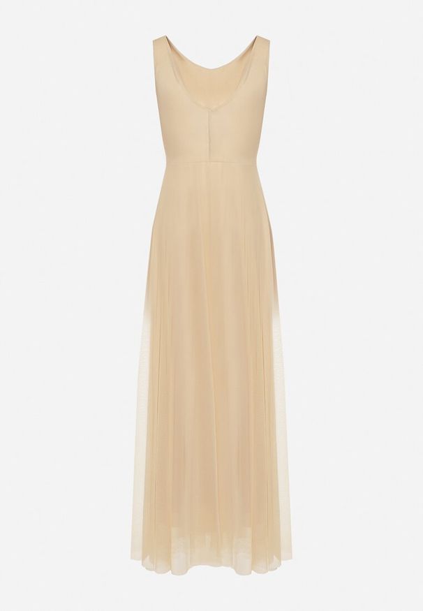 Born2be - Beżowa Sukienka Koktajlowa z Tiulowym Dołem Elasoria. Kolor: beżowy. Materiał: tiul. Styl: wizytowy