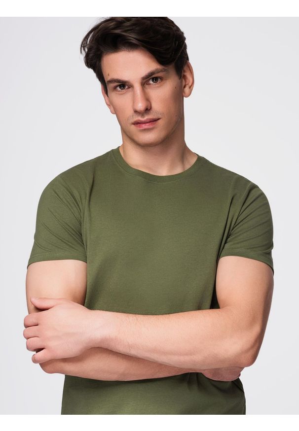 Ombre Clothing - T-shirt męski klasyczny bawełniany BASIC - khaki V6 - Rozmiar: XXL. Okazja: na co dzień. Kolor: brązowy. Materiał: bawełna. Styl: klasyczny