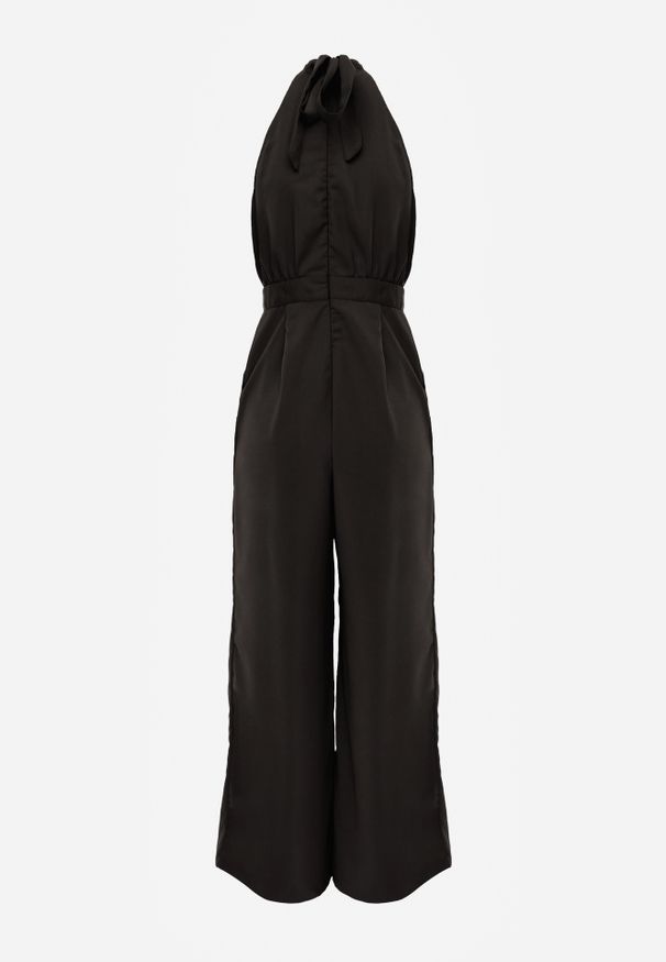 Renee - Czarny Elegancki Kombinezon z Górą Halter Ozdobioną Różą 3D Dephousa. Kolor: czarny. Wzór: aplikacja. Styl: elegancki