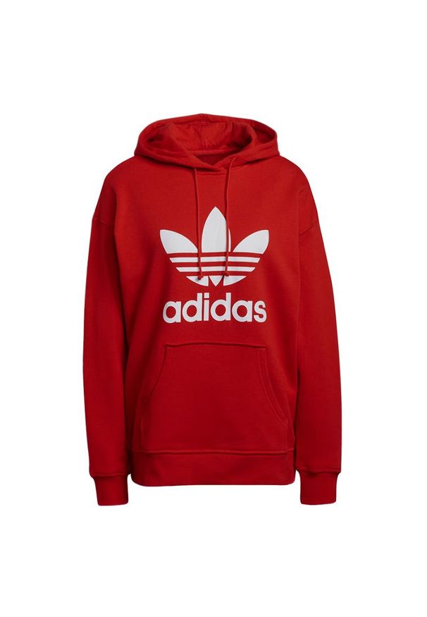 Adidas - Bluza adidas Originals Adicolor Trefoil Hoodie H33588 - czerwona. Okazja: na co dzień. Typ kołnierza: kaptur. Kolor: czerwony. Materiał: materiał, bawełna. Długość rękawa: długi rękaw. Długość: długie. Wzór: aplikacja. Styl: casual