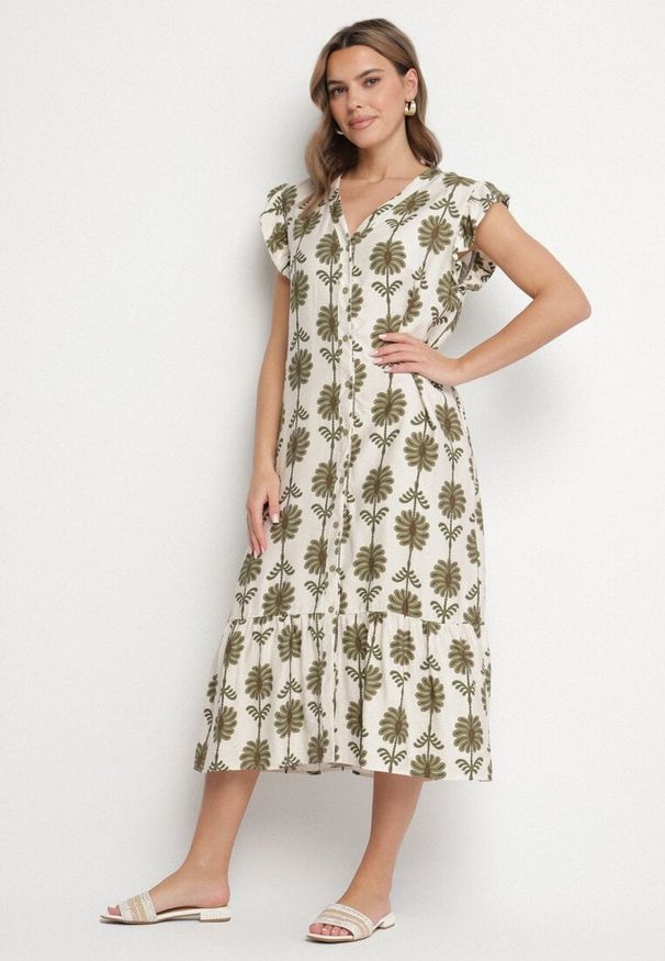 Born2be - Biało-Zielona Kwiatowa Sukienka z Bawełną i Falbanką Efanelia. Okazja: na spacer, na imprezę. Typ kołnierza: dekolt w serek. Kolor: beżowy. Materiał: bawełna. Wzór: kwiaty. Sezon: wiosna, lato. Typ sukienki: proste. Styl: elegancki