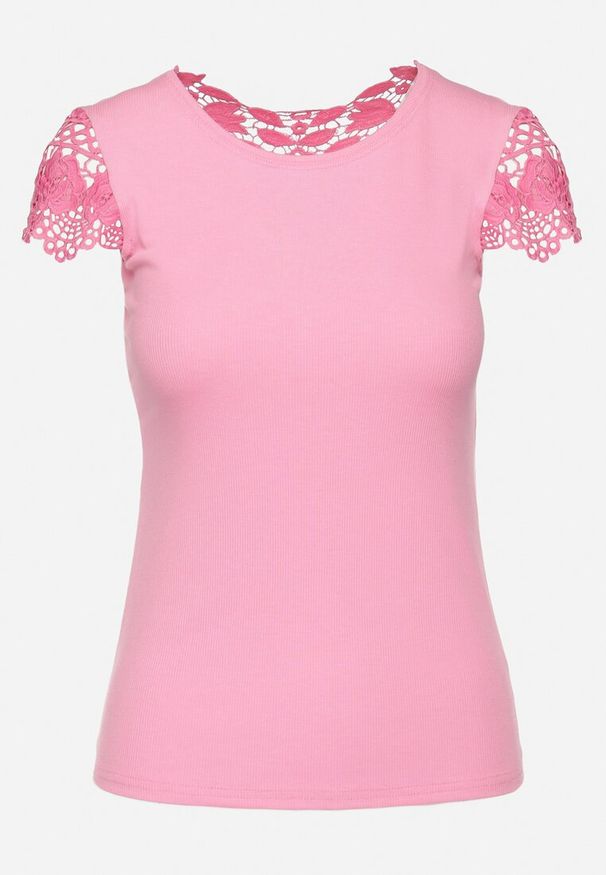 Born2be - Różowa Bluzka Prążkowana z Koronkowymi Wstawkami i Cekinami Esmalde. Kolor: różowy. Materiał: koronka, prążkowany. Styl: elegancki, klasyczny
