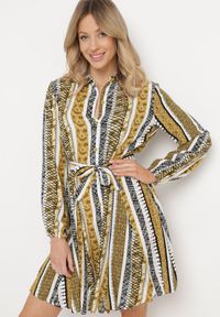 Born2be - Żółta Sukienka Koszulowa z Wiskozy Rozkloszowana z Materiałowym Paskiem Sigina. Okazja: do pracy. Kolor: żółty. Materiał: wiskoza, materiał. Długość rękawa: długi rękaw. Typ sukienki: koszulowe #1