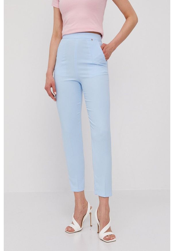 Nissa Spodnie damskie proste high waist. Okazja: na co dzień. Stan: podwyższony. Kolor: niebieski. Materiał: tkanina. Styl: casual