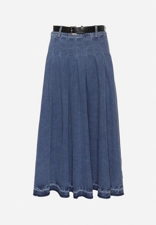 Born2be - Granatowa Spódnica Jeansowa Rozkloszowana z Paskiem z Ekoskóry Nalier. Okazja: na co dzień. Kolor: niebieski. Materiał: jeans. Styl: casual, elegancki