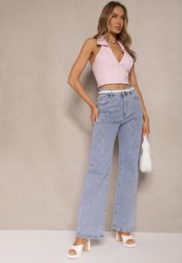 Renee - Niebieskie Jeansy Szerokie Ozdobione Cyrkoniami z Bawełną Nelkio. Okazja: na co dzień. Stan: podwyższony. Kolor: niebieski. Wzór: aplikacja. Styl: elegancki, casual #4