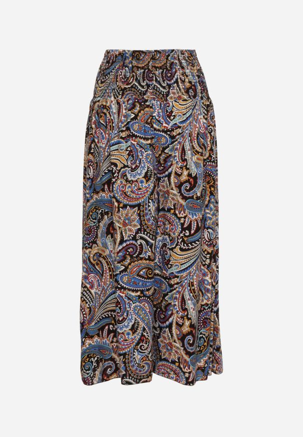 Renee - Czarno-Granatowe Spodnie Culottes z Bawełnianej Tkaniny Ozdobione Wzorem Paisley Gwinamas. Kolor: czarny. Materiał: bawełna, tkanina. Wzór: aplikacja, paisley. Styl: wakacyjny