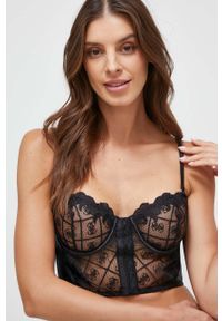 Guess biustonosz kolor czarny koronkowy gładki. Kolor: czarny. Materiał: koronka. Rodzaj stanika: różne sposoby noszenia, biustonosz z fiszbinami, odpinane ramiączka. Wzór: gładki #1