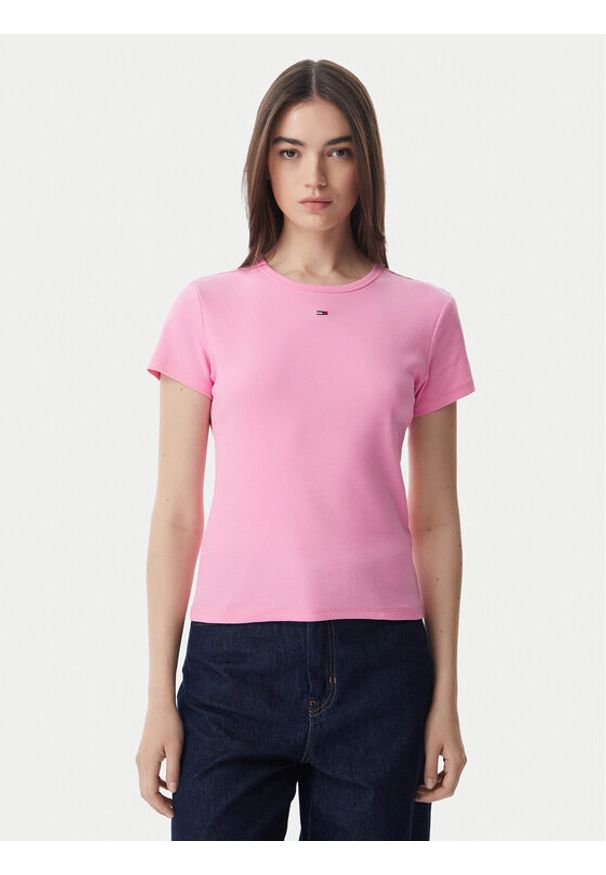 Tommy Jeans T-Shirt Essential DW0DW17383 Różowy jasny Slim Fit. Kolor: różowy. Materiał: bawełna