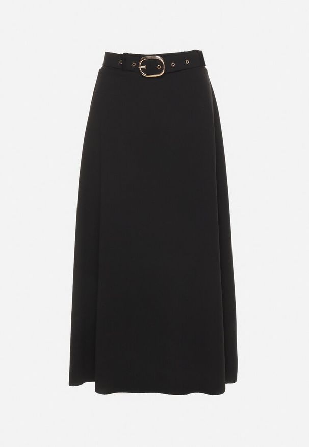 Born2be - Czarna Rozkloszowana Spódnica z Wysokim Stanem Ozdobiona Paskiem z Klamrą Lobira. Okazja: na co dzień. Stan: podwyższony. Kolor: czarny. Materiał: jedwab. Wzór: aplikacja. Styl: casual, elegancki