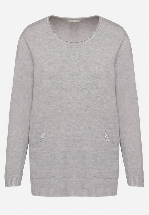 Born2be - Szary Sweter o Klasycznym Fasonie z Ozdobnymi Guzikami Marivra. Kolor: szary. Materiał: jeans. Styl: klasyczny