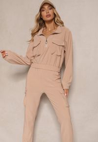 Renee - Ciemnobeżowy Komplet Dresowy z Bluzą o Krótkim Kroju i Joggerami z Kieszeniami Riathna. Kolor: beżowy. Materiał: dresówka #5
