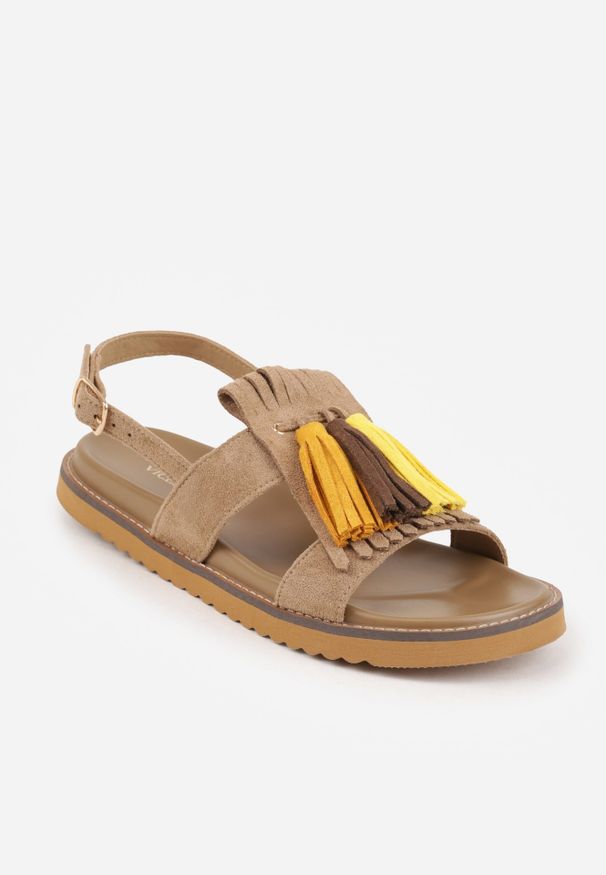 Renee - Beżowe Sandały VICES z Frędzlami w Stylu Boho Wind. Okazja: na spacer. Zapięcie: sprzączka. Kolor: beżowy. Materiał: len, jeans. Styl: boho