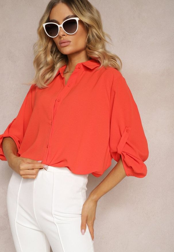 Renee - Pomarańczowa Koszula z Kołnierzem i Długimi Rękawami na Guzik Henvia. Kolekcja: plus size. Kolor: pomarańczowy. Długość rękawa: długi rękaw. Długość: długie