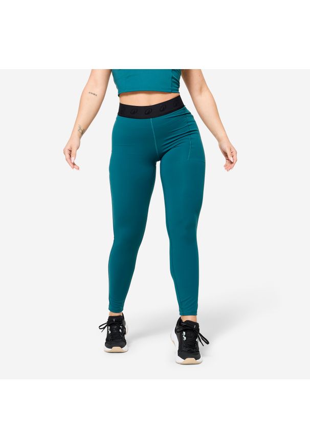 DOMYOS - Legginsy fitness damskie Domyos. Kolor: zielony, niebieski, wielokolorowy. Materiał: elastan, poliamid, materiał. Sport: fitness