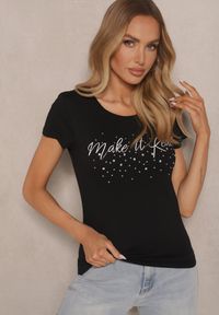 Renee - Czarny T-shirt z Bawełny Ozdobiony Napisem i Cyrkoniami Zreadia. Okazja: na co dzień. Kolor: czarny. Materiał: bawełna. Wzór: napisy, aplikacja. Styl: klasyczny, casual #4