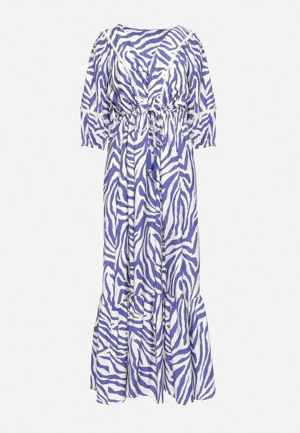 Born2be - Granatowa Sukienka z Bawełny i Wiskozy w Abstrakcyjne Paski ze Sznurkiem w Talii Navarae. Okazja: na co dzień. Kolor: niebieski. Materiał: bawełna, wiskoza. Wzór: paski. Typ sukienki: proste. Styl: wizytowy, casual