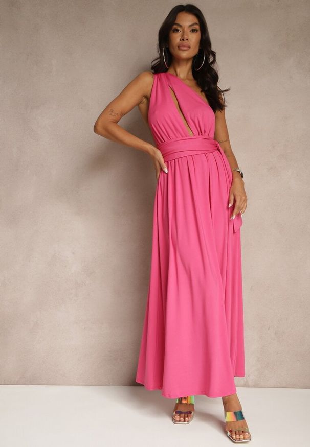 Renee - Fuksjowa Sukienka Koktajlowa Multiway z Wiskozą Wiązana na Szyi Lilovea. Okazja: na imprezę. Typ kołnierza: dekolt w kształcie V. Kolor: różowy. Materiał: wiskoza. Typ sukienki: rozkloszowane. Styl: wizytowy