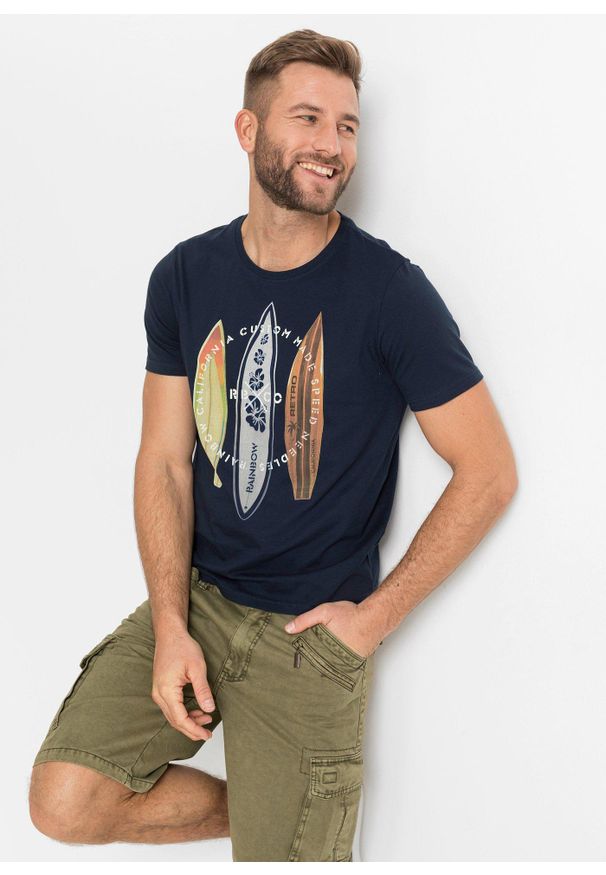 bonprix - T-shirt Slim Fit z czystej bawełny organicznej, Slim Fit. Kolor: niebieski. Materiał: bawełna. Wzór: nadruk