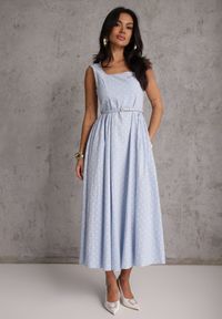 Renee - Niebieska Retro Sukienka z Bawełny i Wiskozy w Kropki o Rozkloszowanym Kroju Phrithoe. Okazja: na randkę. Kolor: niebieski. Materiał: wiskoza, bawełna. Wzór: kropki. Typ sukienki: rozkloszowane. Styl: retro #8